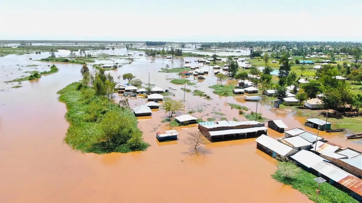 Flooded settlement and farmland in Kenya, aerial view